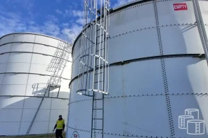 Large above-ground fire water storage tank at an industrial facility