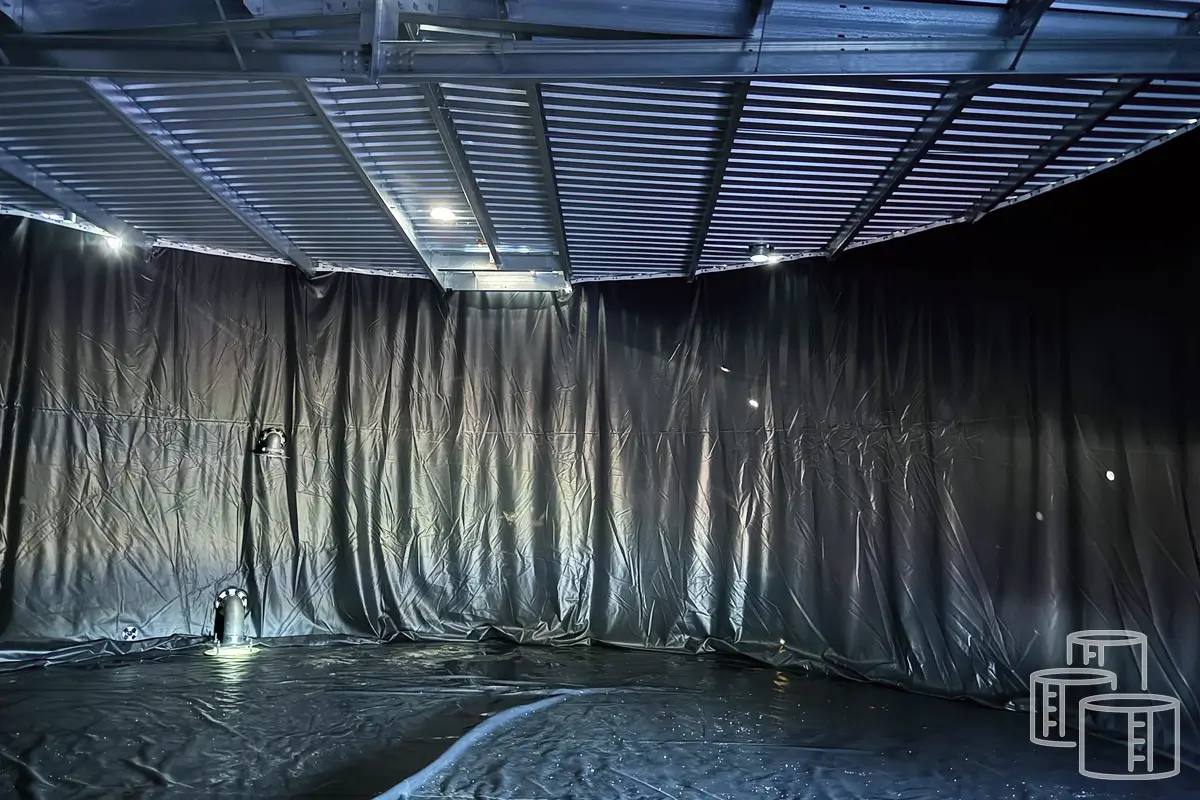 PVC liner protecting the interior of a round water tank