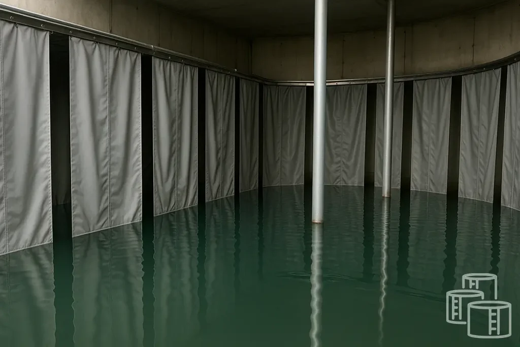 Use of curtains in storage tanks for staged internal work